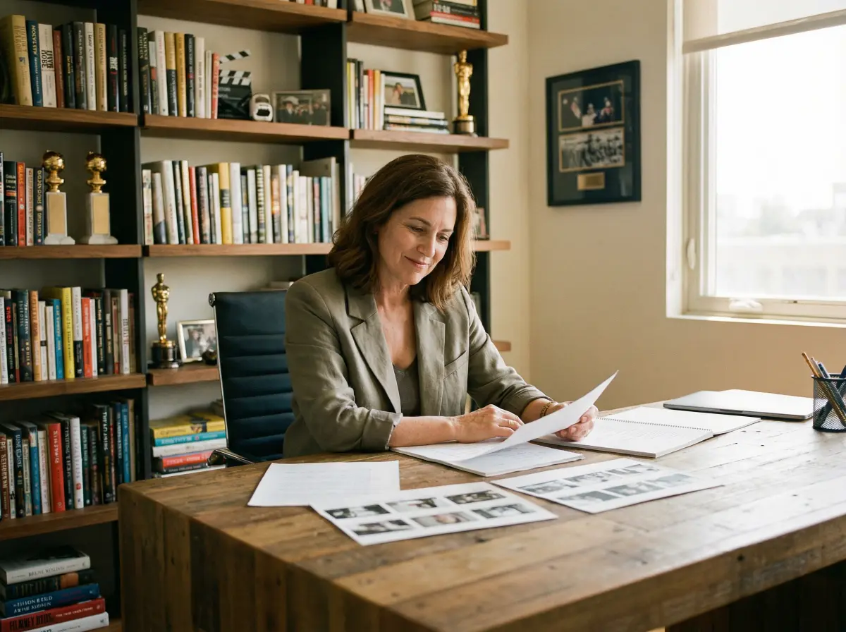 资深制片人在办公室审阅剧本的 九色 场景